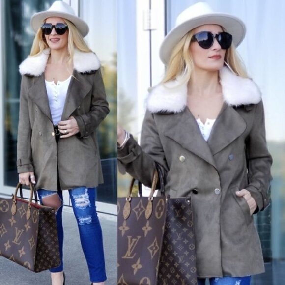 Olive Suede Mini Trench Coat - Picture 2 of 4